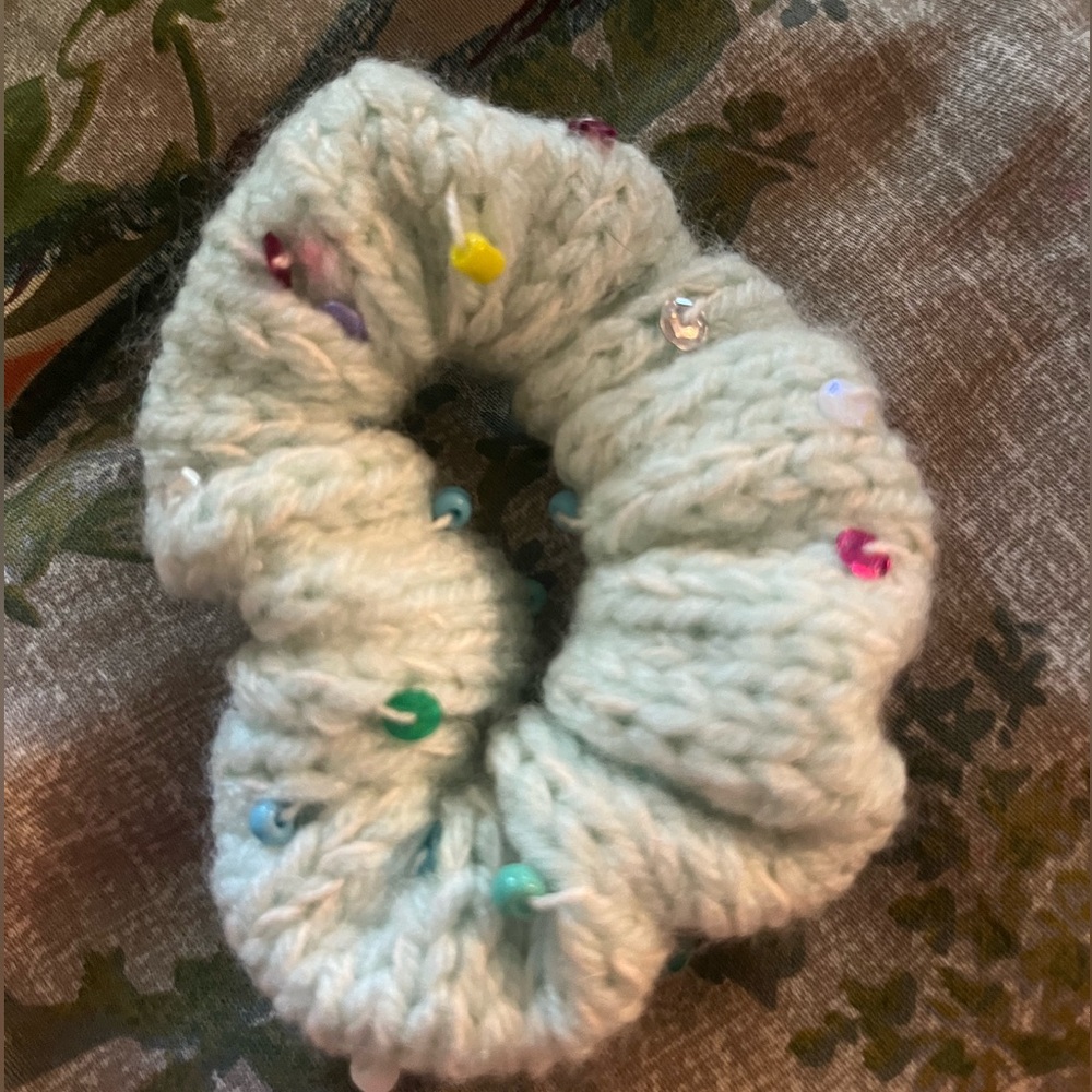 Mint colored hand knit beaded scrunchie bracelet